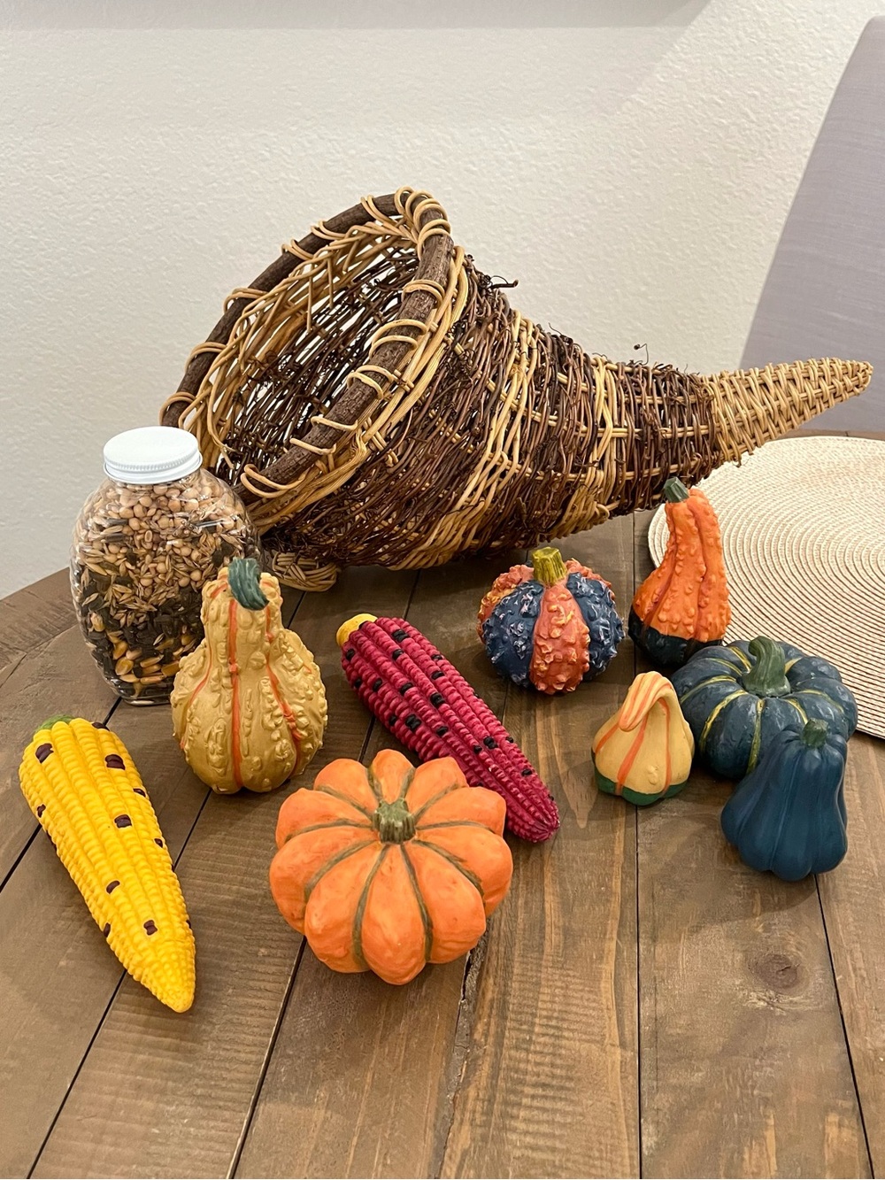 Cornucopia Thanksgiving Fall Centerpiece Wicker 9 Resin Gourds Mini Pumpkins Jar